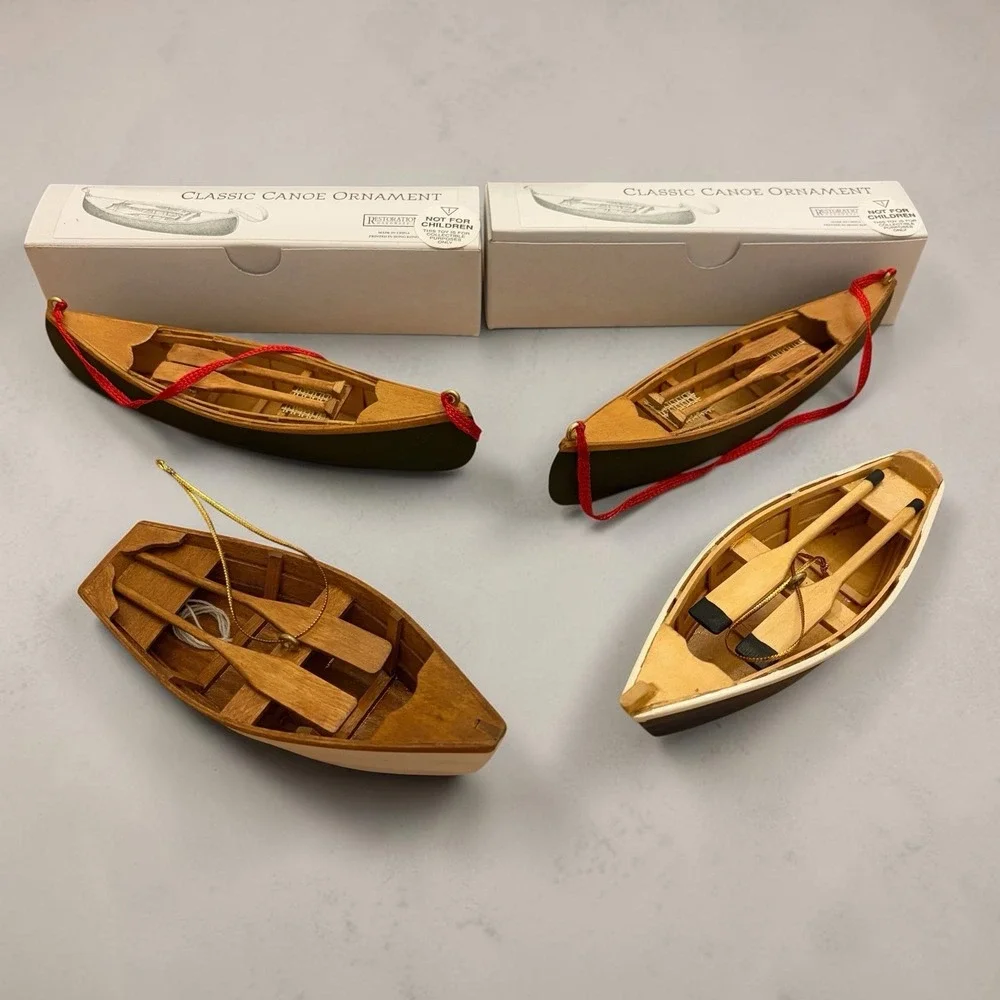 Vintage Restoration Hardware Canoe Christmas Ornaments Wood Boat Lot of 4